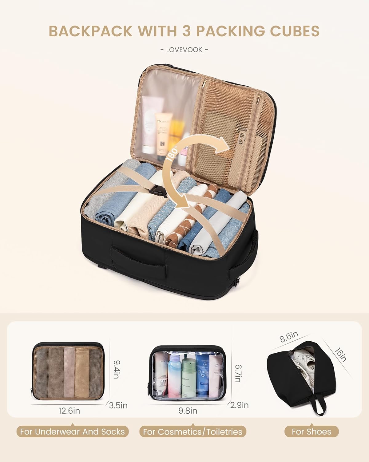 LOVEVOOK Travel Backpack for Women & Men, 50L Large Carry On Backpack Airline Approved, TSA Personal Item Weekender Bag, Water Resistant Laptop Backpacks with 3 Packing Cubes for Travel Essentials