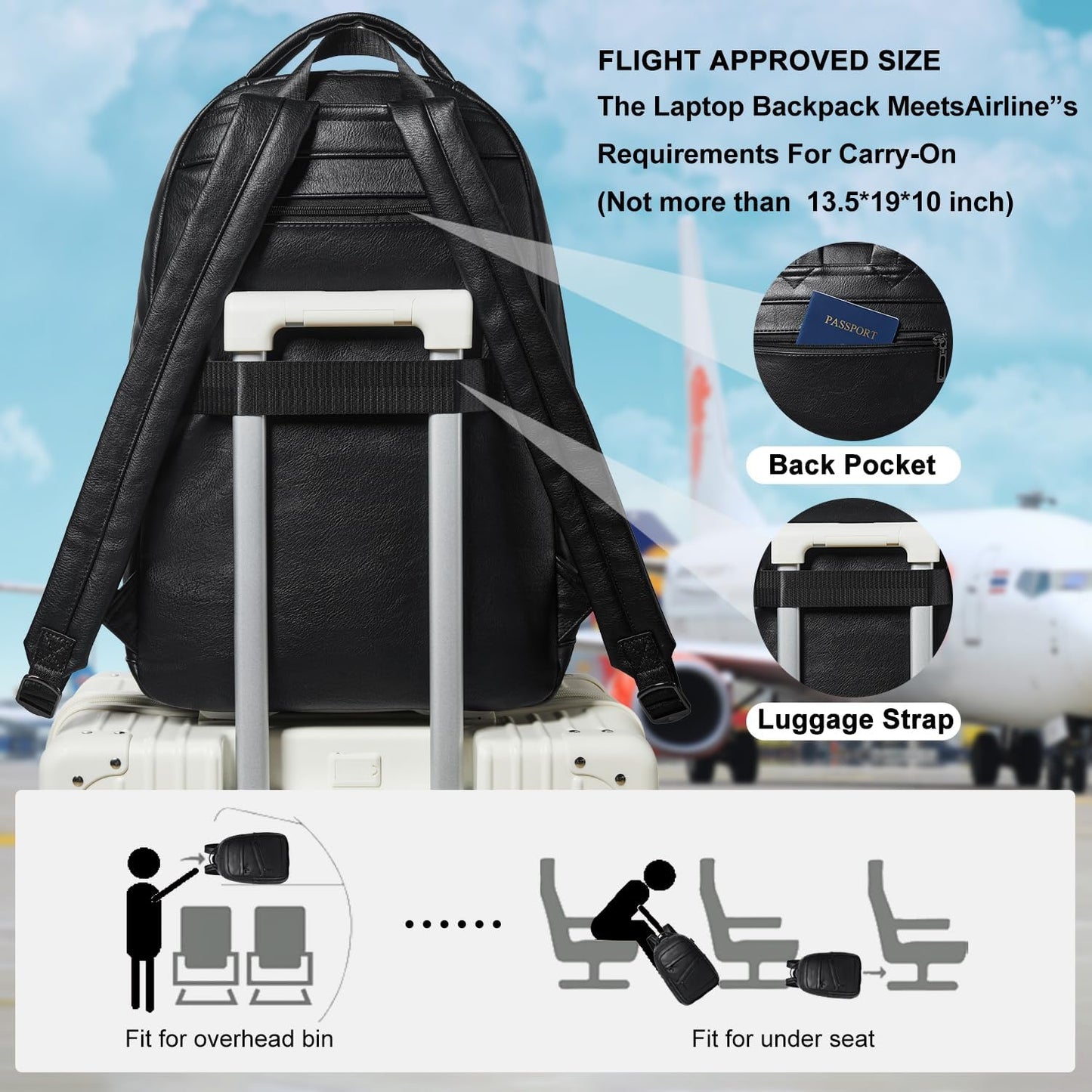 43L Backpack for Women Men - Vegan Leather Backpack Purse Travel Carry-on Bag College Bookbag Work fits 17" Laptop, Black