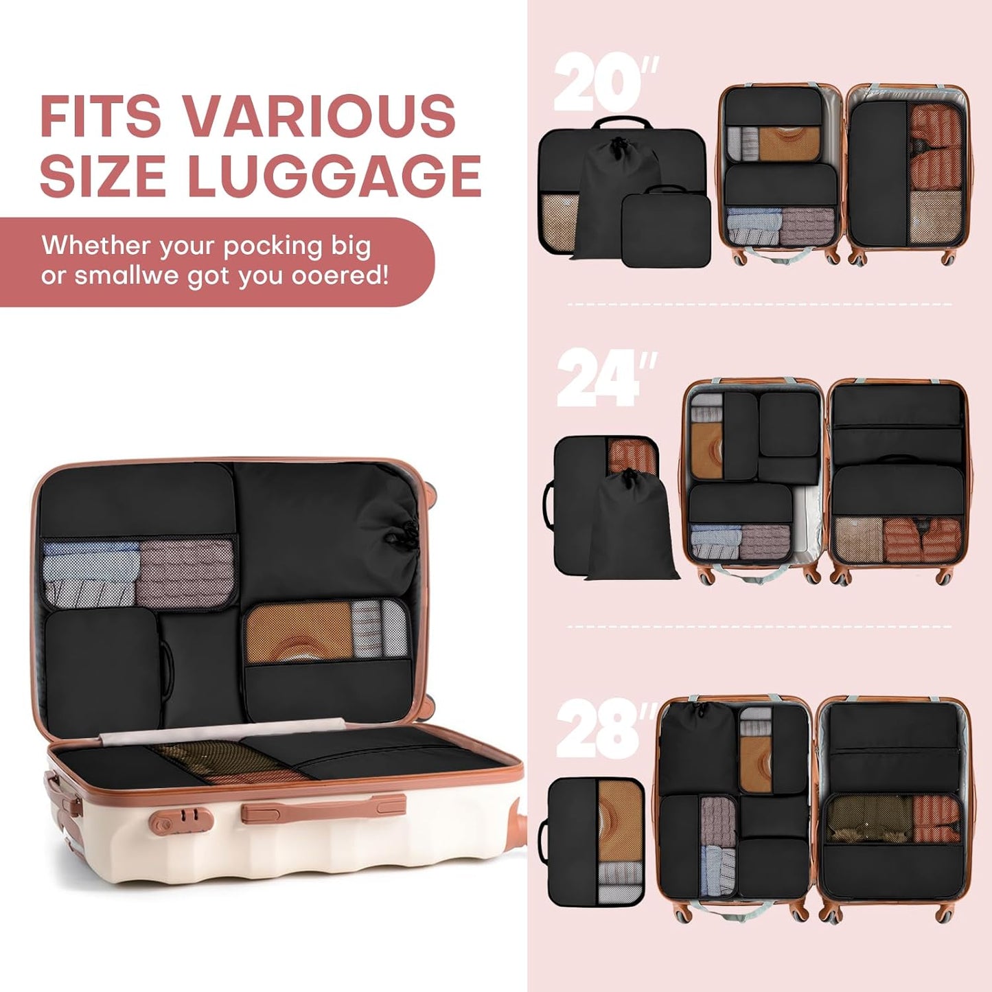 8 PCS Compression Packing Cubes for Travel Women, Compression Organizer for Luggage Space Saving Travel Essentials and Carry on, Luggage Organizer Bags for Suitcase - Black