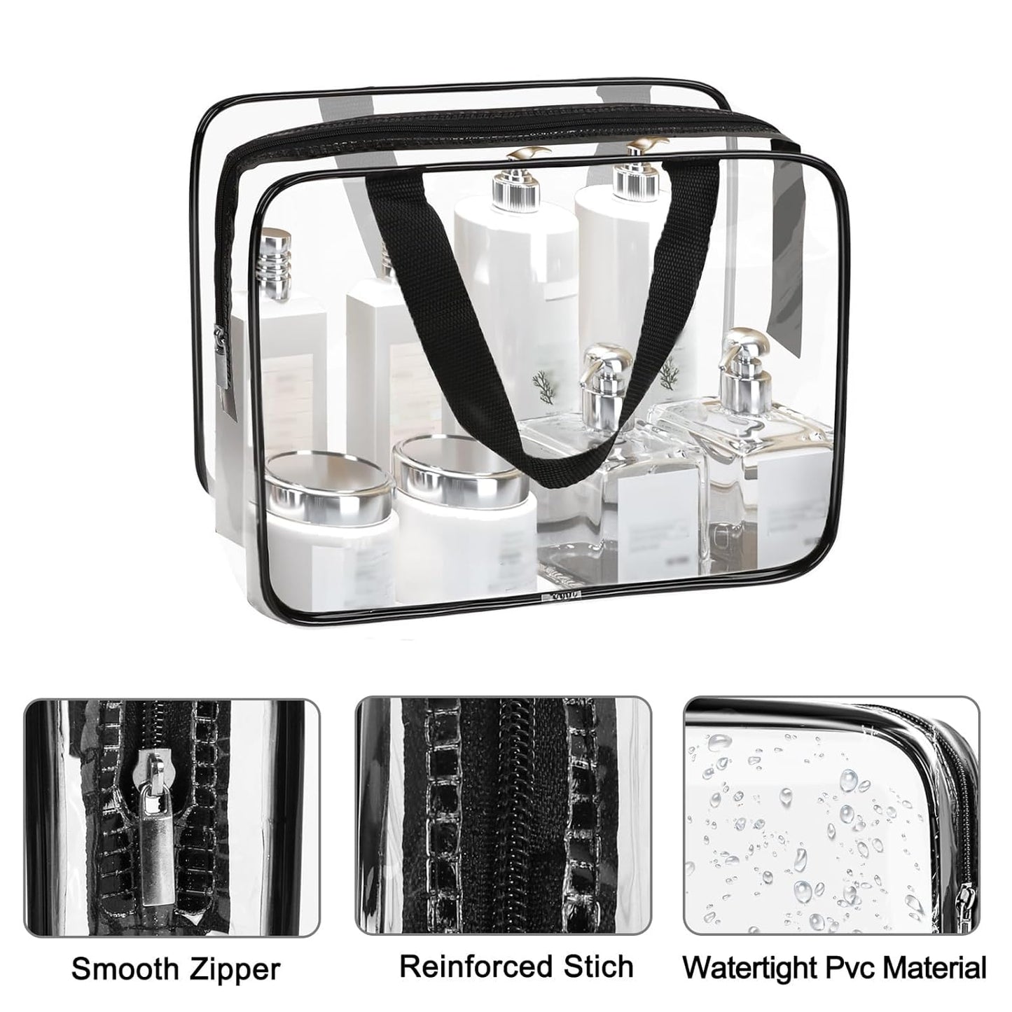 APREUTY Clear Makeup Bags, TSA Approved 3 Pcs Large Cosmetic Makeup Bags Set Clear PVC with Zipper Handle Portable Travel Luggage Pouch Airport Airline Vacation Organization (Black)