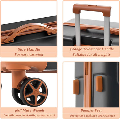 Merax Luggage Sets 3 Piece Hardshell 8 Spinner Wheels Lightweight Suitcase Corner Guards Travel Luggage (Black brown 20IN 24IN 28IN)