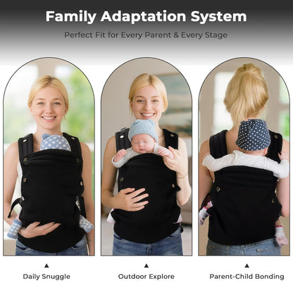 CycleMore Baby Carrier Newborn to Toddler - Soft & Ergonomic Infant Carrier with 3 Carry Positions, Hip-Healthy Adjustable Fit, Travel-Ready, Machine Washable for 7-35 lbs (Black)