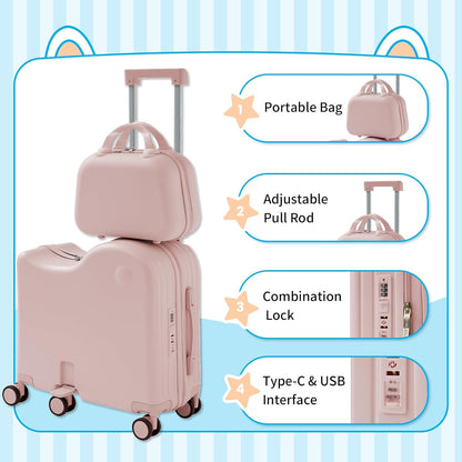 TABU Ride-on Luggage with Handbag for Kids，Hardshell Carry On Suitcase with Hidden Cup Holder, Foldable Pedal,Type-C & USB Interface, TSA Lock, 6-Spinner Wheels, Pink