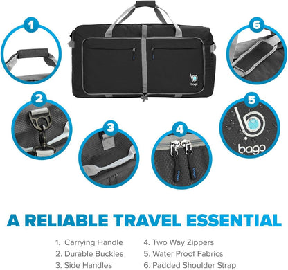 Bago Large Foldable Duffel Bags for Traveling Women & Men - 100L Packable Duffle Bag for Travel with Shoe Compartment - Water Repellant, Heavy Duty, Lightweight Folding & Collapsible (Black)