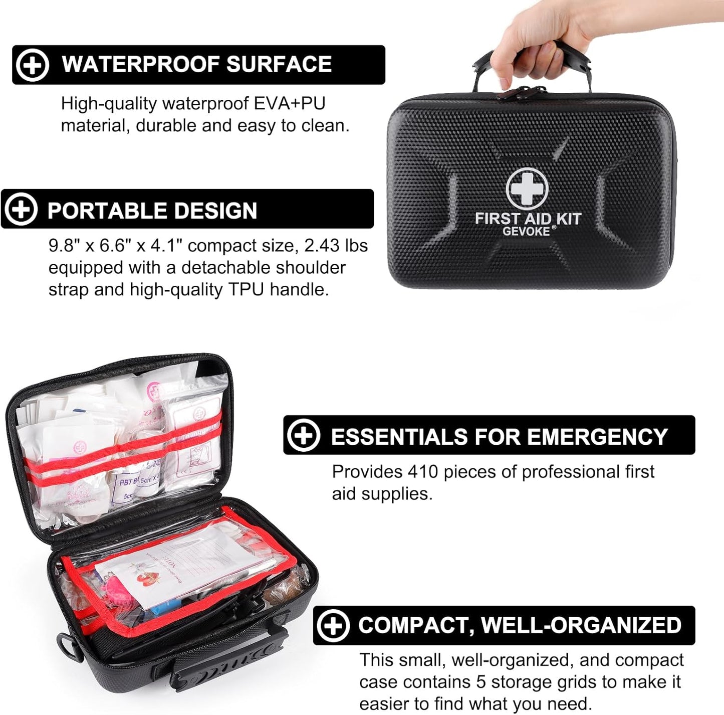 410 Piece Waterproof Hard Shell First Aid Kit for Home, Car, Travel, Camping, Truck, Hiking, Sports, Office, Vehicle & Outdoor Emergencies - Emergency Medical Kits (Black)