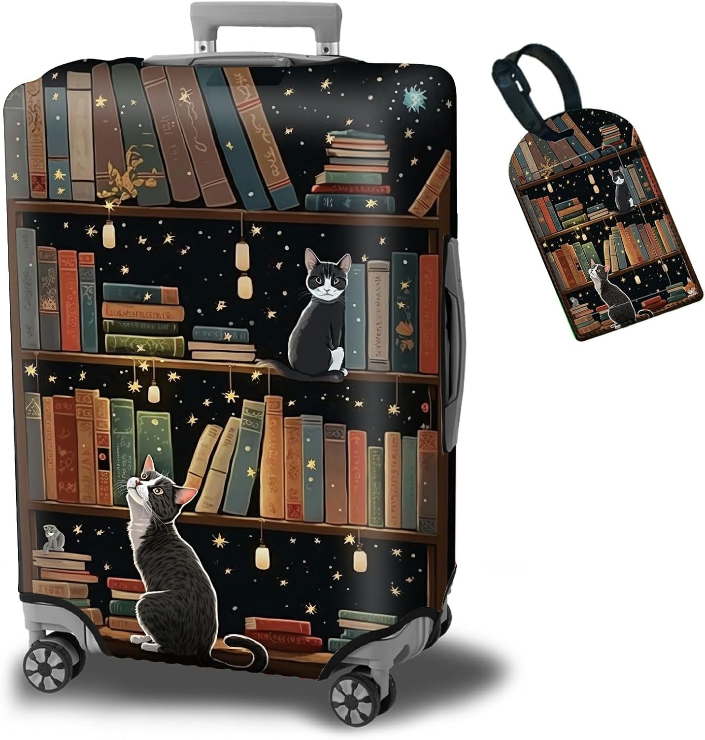 Luggage Cover + Tag, Cat Library Travel Suitcase Protector for 22-24 inch Luggage (M) with Concealed Zipper, Washable Elastic Cloth, Dustproof, Anti-Scratch