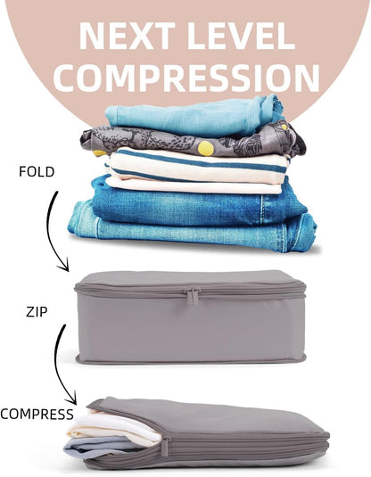 6 Set Compression Packing Cubes for Travel, Large Medium Small Luggage Organizers, Storage Bags for Clothes (6 Pack, Misty Silver)