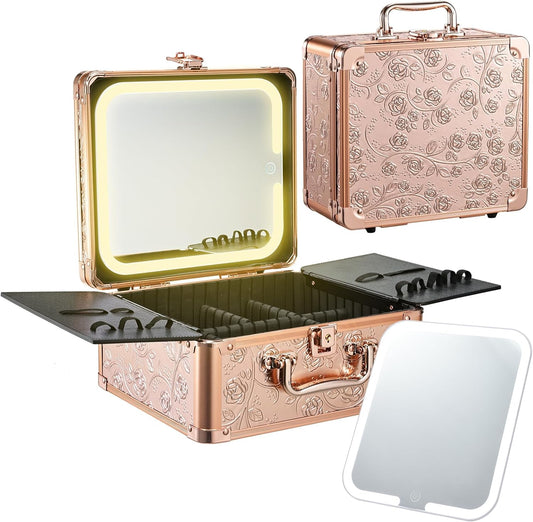 Makeup Case with Magnetic Lighted Mirror Cosmetic Train Box Detachable LED Mirror Adjustable Brightness in 3 Colors Waterproof Storage Organizer Artist Suitcase with Dividers Brush Holder, Rose Gold