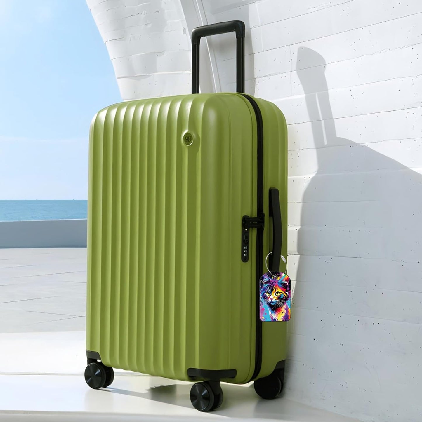 Colorful Cat Luggage Tag for Suitcase Set of 2 PU Leather Cute Luggage Tags with Stainless Metal Loop ID Label Privacy Flap Suitcase Tags for Women and Men Travel