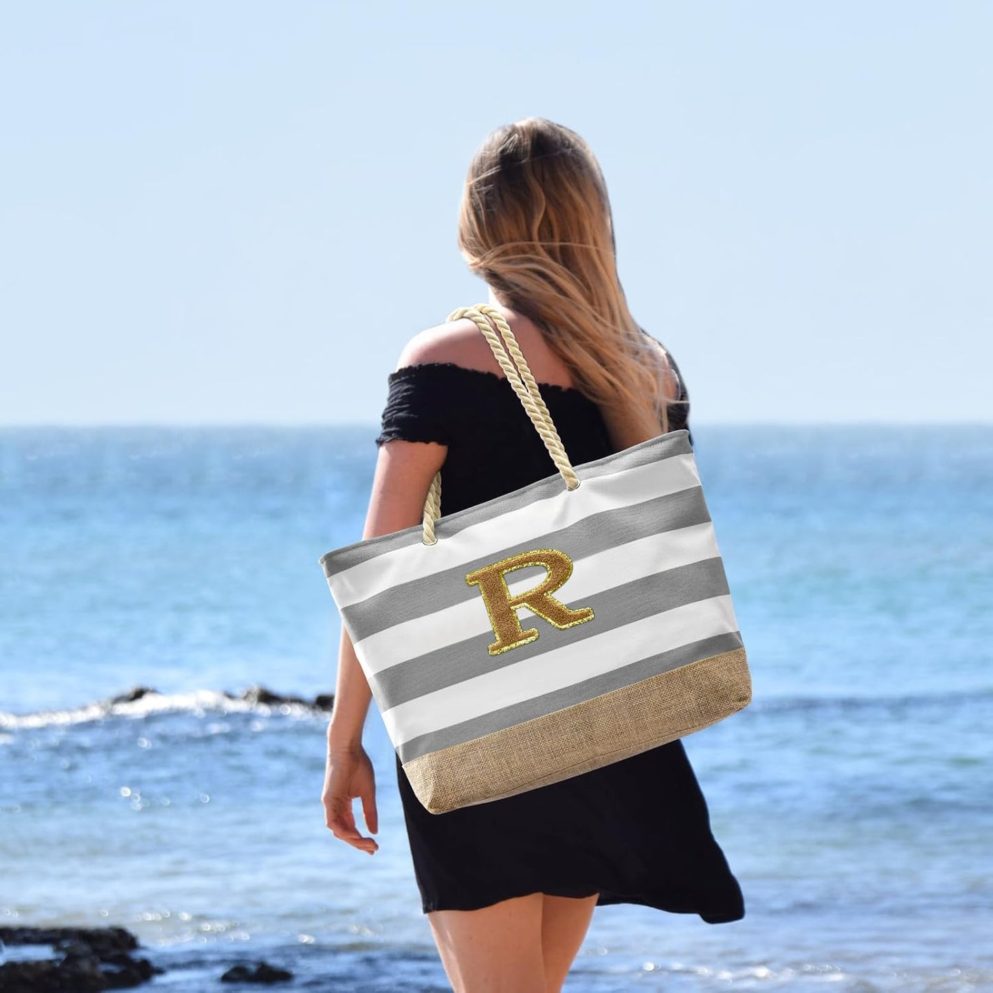 Becokan Beach Bag Initial Beach Tote with Makeup Bag for Travel Work Storage Personalized Birthday Gifts for Women Her