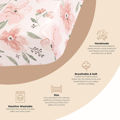 Crane Baby Floral Crib Sheets, 100% Cotton, Breathable Baby Bedding for Standard Mattress, Pink Nursery Decor, Machine Washable Pink Floral Crib, Toddler Sheets