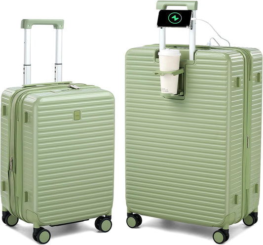 Hard Shell Suitcases Expandable Travel Luggage Sets 2 Piece, Carry on and Check in Luggage Lightweight Suitcase Set 2 Piece with Wheels Cup Holder Charger Built in (Bamboo Green, 20/28)