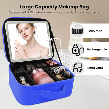 Travel Makeup Bag with LED Mirror and Light Makeup Travel Bag Organizer Portable Cosmetic Brush Organizer Bag with Adjustable Dividers for Cosmetics Makeup Brushes Toiletry (Dark Blue)