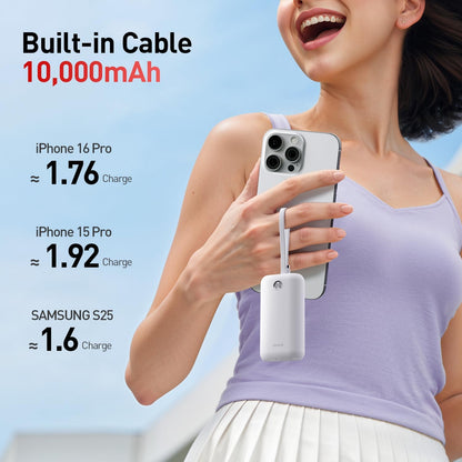iWALK Mini Portable Charger 10,000mAh, 22.5W USB-C Fast Charging Power Bank with Built-in Cable, Travel Essential Ultra-Small Battery Pack Compatible for iPhone 16/16 Pro/15, Samsung, Google, White