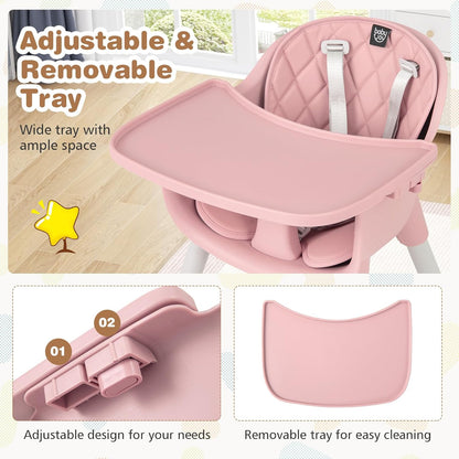 BABY JOY High Chair, 5 in 1 Convertible Highchair for Babies & Toddlers | Booster Seat | Table and Chair Set | Infant Feeding Chair with Removable Tray, Safety Harness, Removable Cushion (Pink)