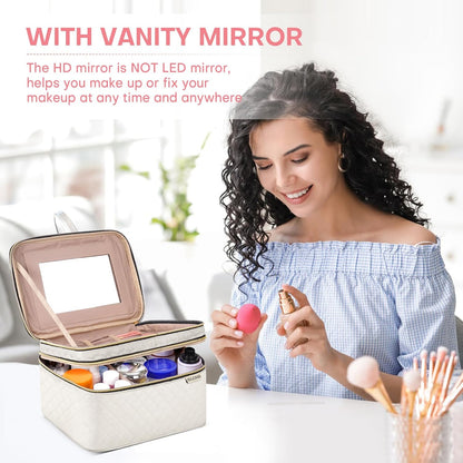 Large Makeup Bag with Mirror Double Layer Travel Make Up Organizer Case, Large Capacity Coemetic with Brush Slot Divider, Travel Toiletry Bag for Women - White/Beige