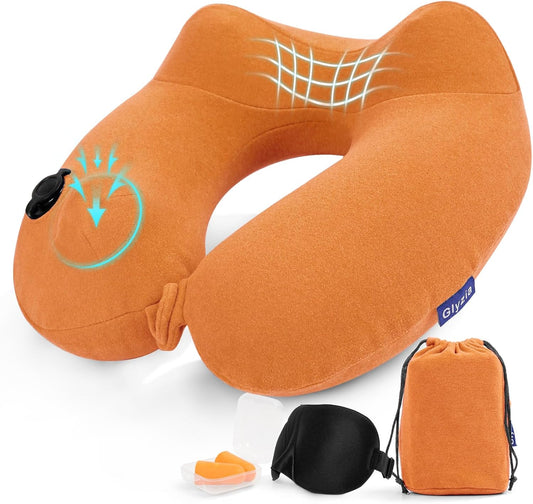 Inflatable Travel Neck Pillow for Airplane, Head Support Velvet Adult Neck Pillow for Long Flight, Kit with Eye Mask, Earplugs and Storage Bag,1, Orange