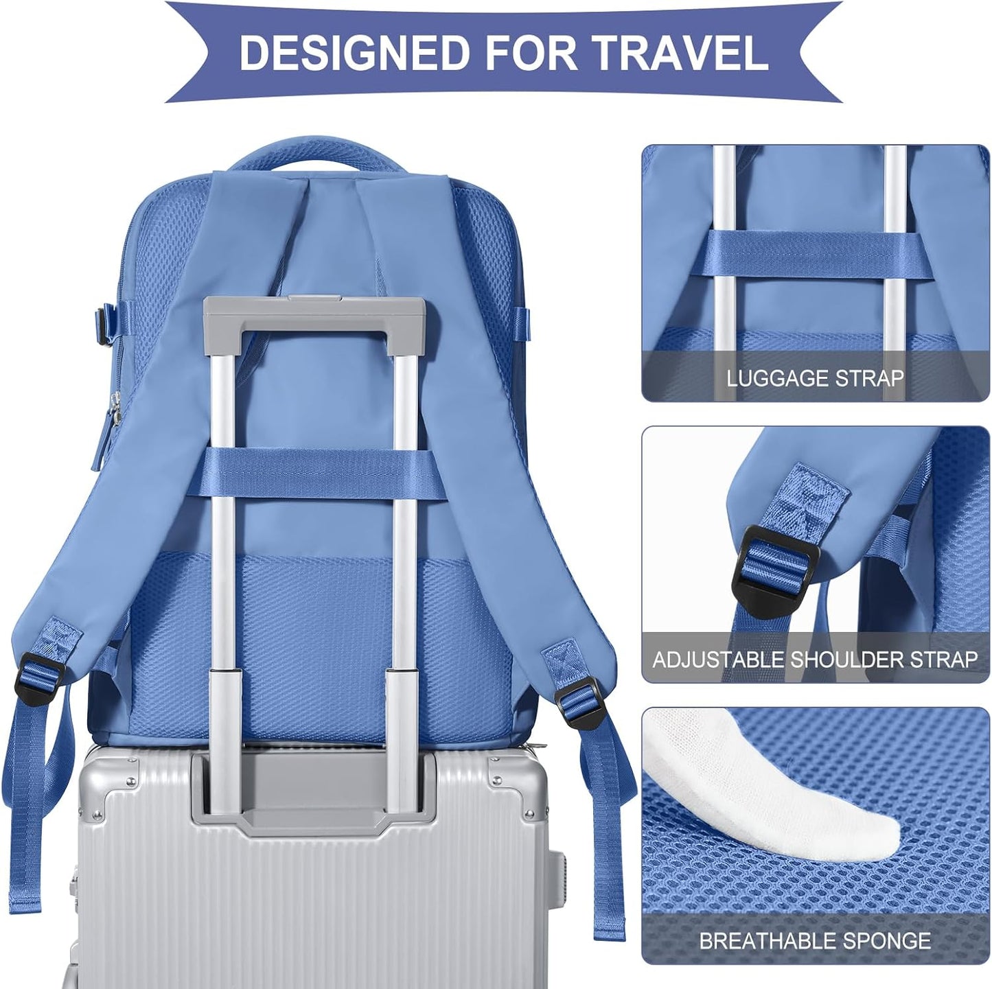 coowoz Large Travel Backpack For Women Men,Carry On Backpack Flight Approved,Hiking Backpack Outdoor Rucksack Casual Daypack Fit 15.6 Inch Laptop Shoes Compartment (Sky Blue L)