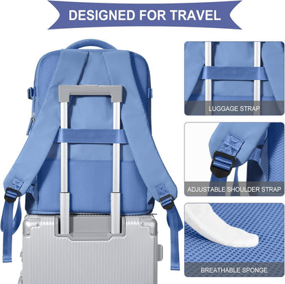 coowoz Large Travel Backpack For Women Men,Carry On Backpack Flight Approved,Hiking Backpack Outdoor Rucksack Casual Daypack Fit 15.6 Inch Laptop Shoes Compartment (Sky Blue L)