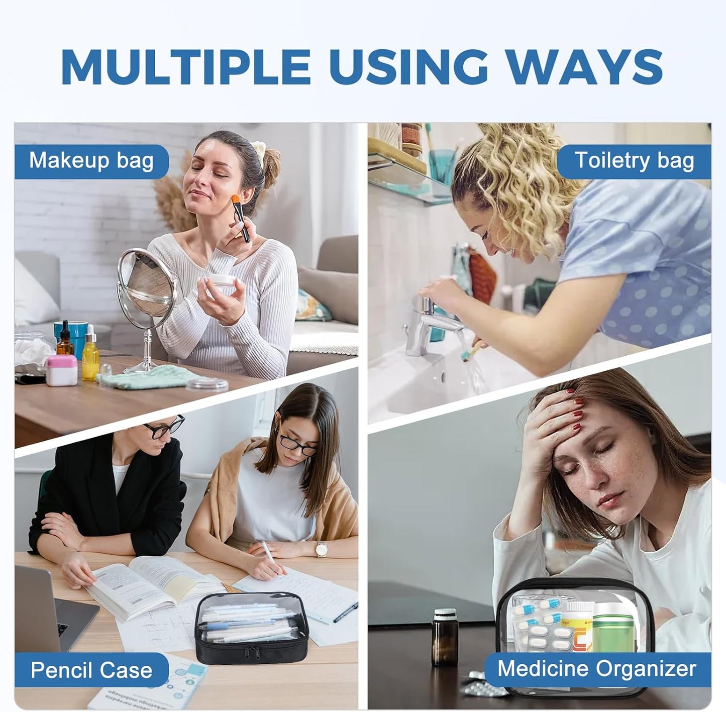 Moyad TSA Approved Clear Toiletry Bag, 2 Pack Quart Size 3-1-1 Liquids Pouch for Travel, Transparent Makeup & Cosmetic Organizer for Women Men, Black