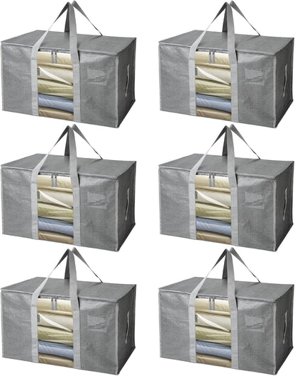 BALEINE 6-Pack Oversized Moving Bags with Reinforced Handles, Heavy-Duty Storage Tote for Clothes, Moving Supplies (Grey with Window, 6 Pack)