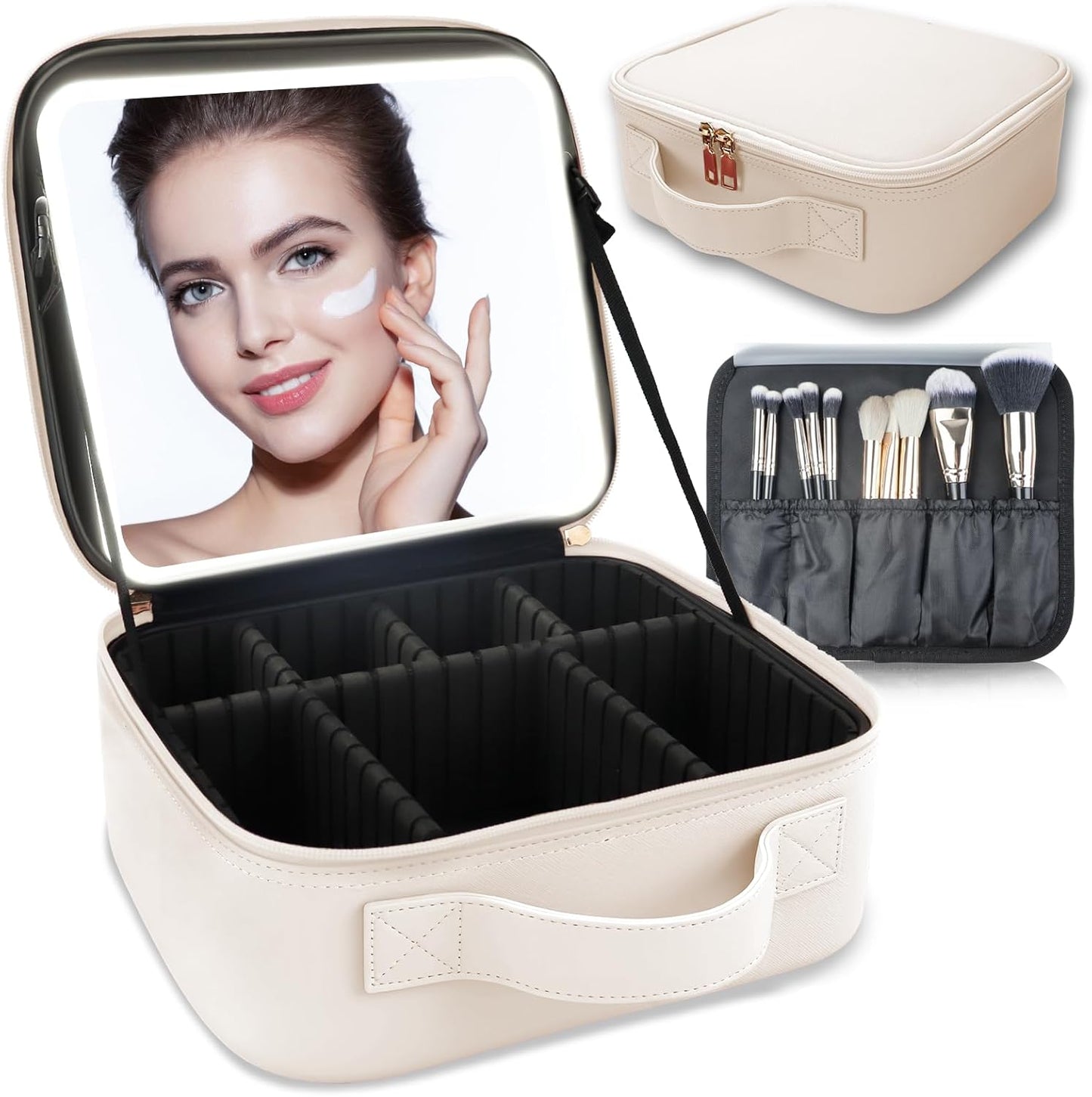 Makeup Bag with Led Mirror,Travel Makeup Organizer with 3 Color Setting, Portable Storage and Adjustable Dividers Travel Makeup Bag(White)