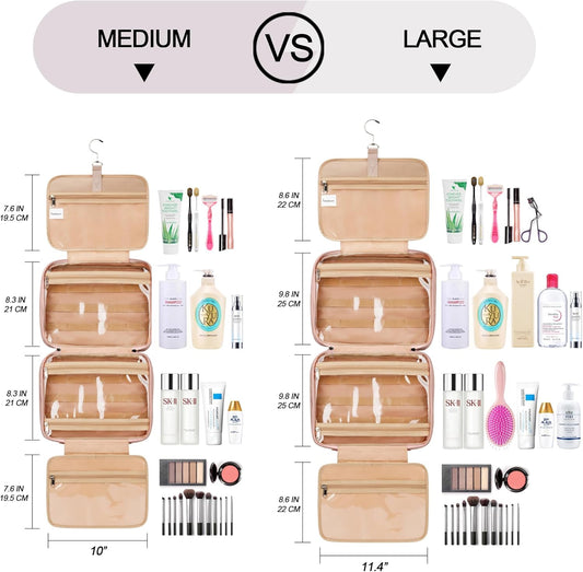 Travel Hanging Toiletry Bag for Women, Extra Large Makeup Bag, Holds Full-Size Shampoo, with Jewelry Organizer Compartment, Waterproof Cosmetic Bag, Toiletries Kit Set with Trolley Belt, Baby Pink