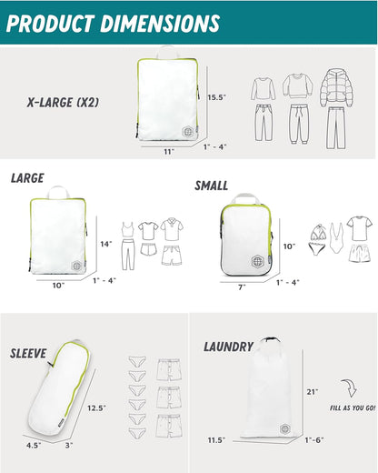 Large Compression Packing Cubes for Travel-Packing Cube Luggage Organizers 7 Piece Set for Checked Luggage-Ultralight, Expandable/Compression Bags by TRIPPED Travel Gear (White/Green)