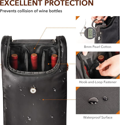 3 Bottle Wine Tote Bag with Tumblers and Opener, Portable Wine Carrier Purse for Travel/Picnic/Beach/Pool/Events/Hiking, Black