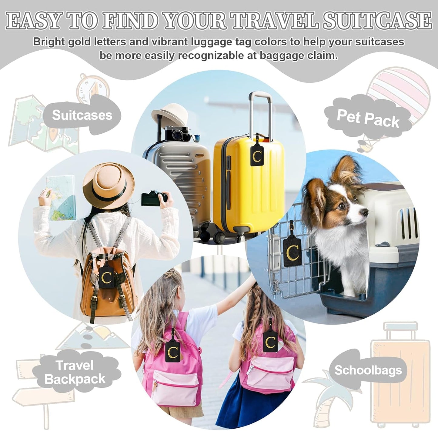 Personalized Initial Luggage Tags for Suitcase TSA Approved, Black Leather Cute Luggage Tag with Privacy Cover Name Card, Embroidered Custom Luggage Tags Travel Backpack Tags Gifts for Women Kids(C)