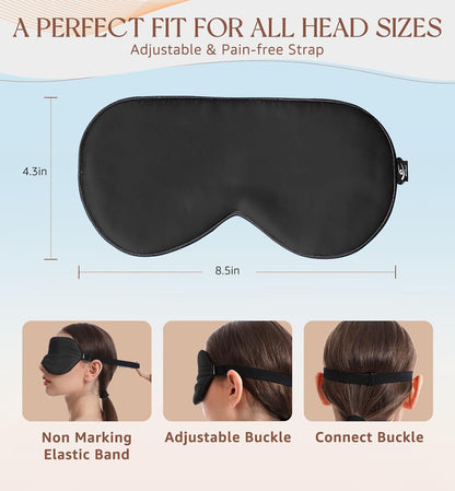 HiRui Silk Sleep Mask, 100% Natural Mulberry Silk of Double-Sided & Inner-Filling, Ultra-Smooth Soft, Adjustable Strap, Blocks Light for Night Sleeping, Travel, Office Naps (Black)