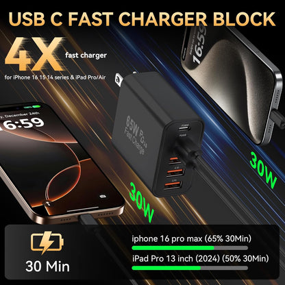 USB C Fast Charger Block, iPhone Charger Fast Charging Blocks 65W Multi Port Charger 6-Ports PD & QC Charging Cube Brick Power Adapter Type C Wall Chargers for iPhone 17/16/15/14/13/12 Pro Max, iPad