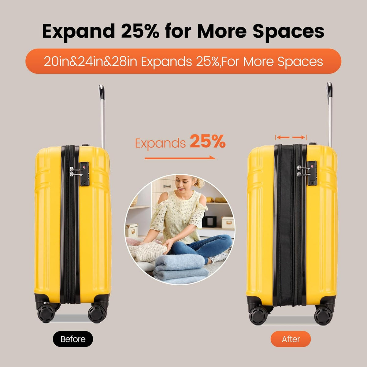 GinzaTravel Luggage Sets 3-Piece Expandable Suitcases with Wheels PC+ABS Durable Hardside Luggage sets TSA lock