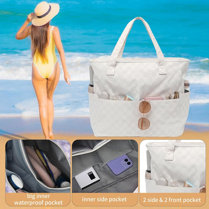 LEDAOU Beach Bag Waterproof Sandproof Women Tote Bag Pool Bag with Zipper for Gym Grocery Travel with Wet Pocket