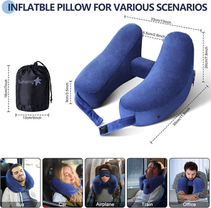 Sunany Neck Pillow for Travel Inflatable Airplane Pillow Comfortably Supports Head, Neck and Chin, Inflatable Travel Pillow with Soft Velour Cover and Portable Drawstring Bag (Blue)