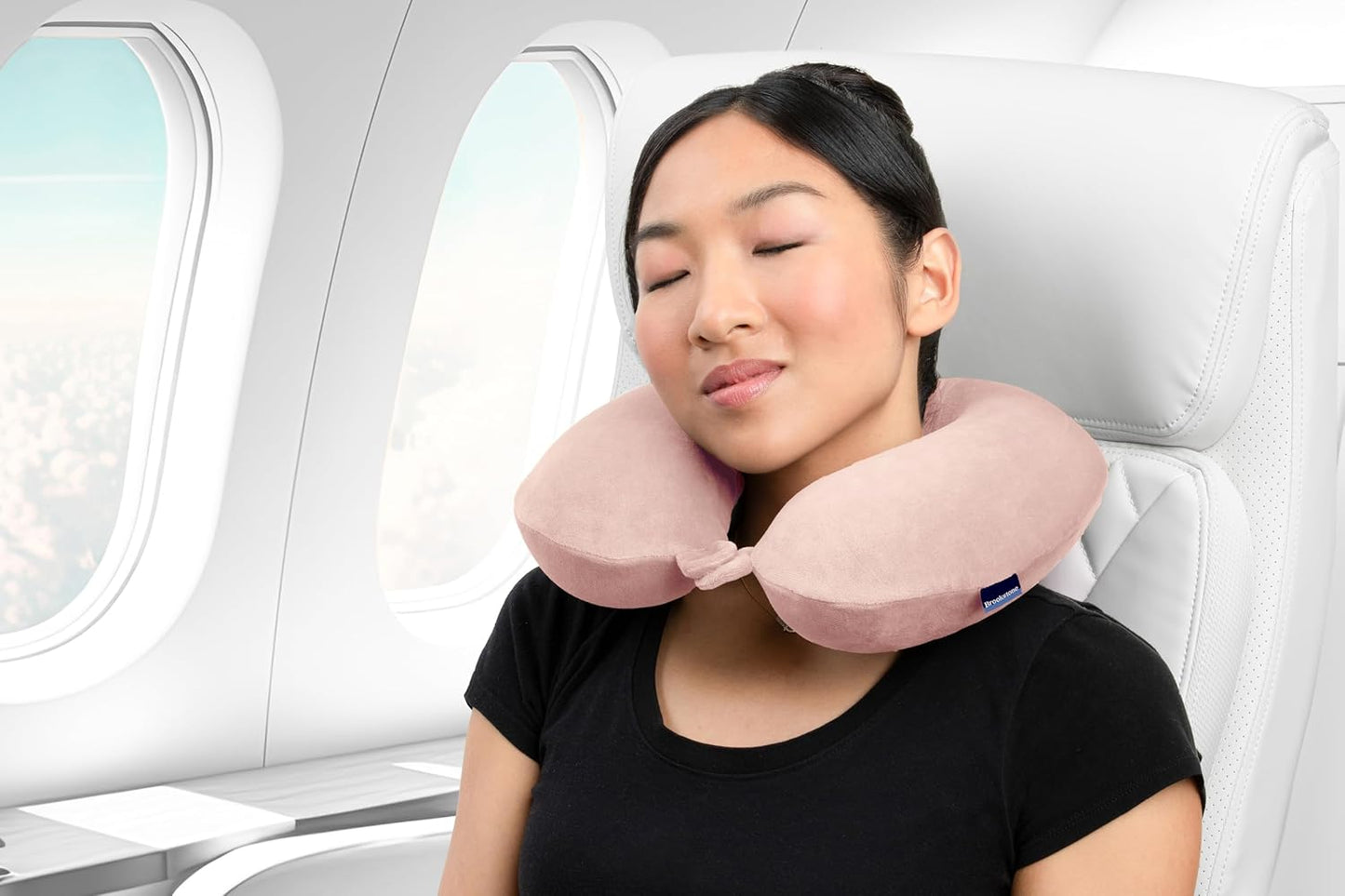 Brookstone Travel Neck Pillow - Lightweight Fleece Casing U-Shaped Stuffable Memory Foam Travel Pillow for Sleeping and Neck Support, Soft Pink