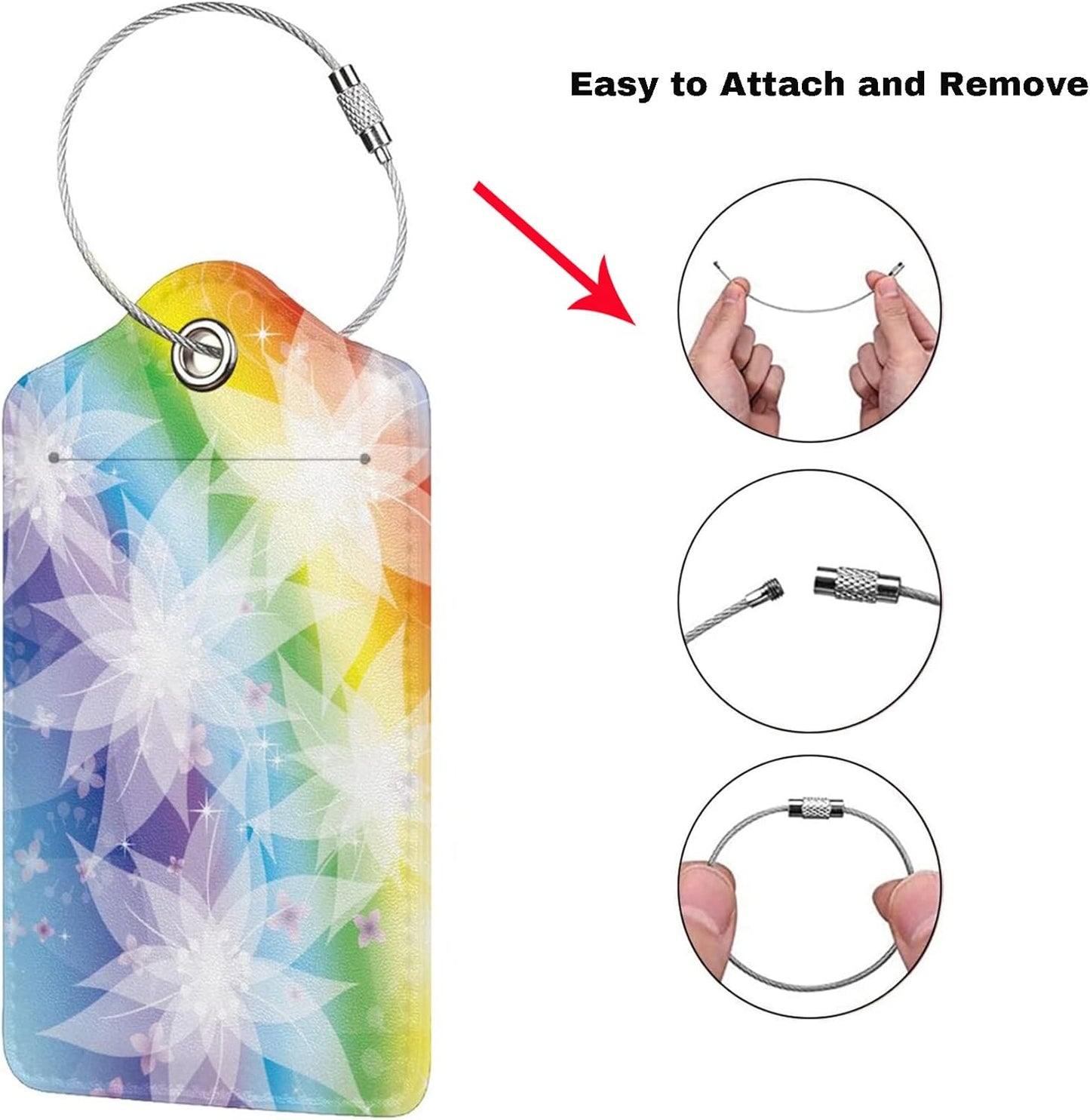 2 Pieces Rainbow Luggage Tags for Women Girls, Beautiful Leather Tags for Luggage with White Flower Pattern, Suitcase Tags with Privacy Cover ID Name Labels