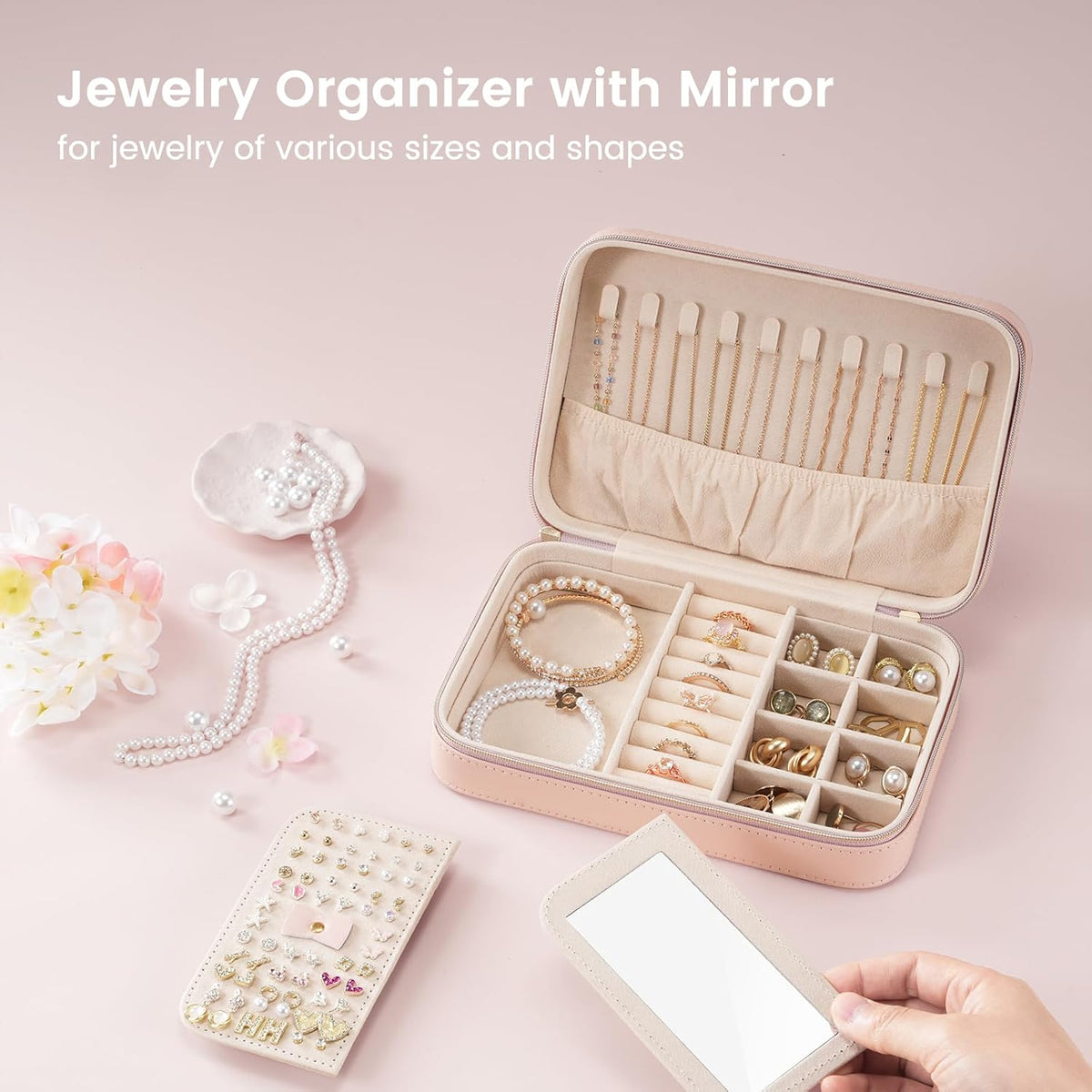 Lolalet Travel Jewelry Case for Women Girls, Travel Jewelry Organizer Box with Mirror & Clear Storage Bag, Small Portable Earring Necklace Bracelet Ring Case, Birthday Christmas Gifts -Medium, Pink