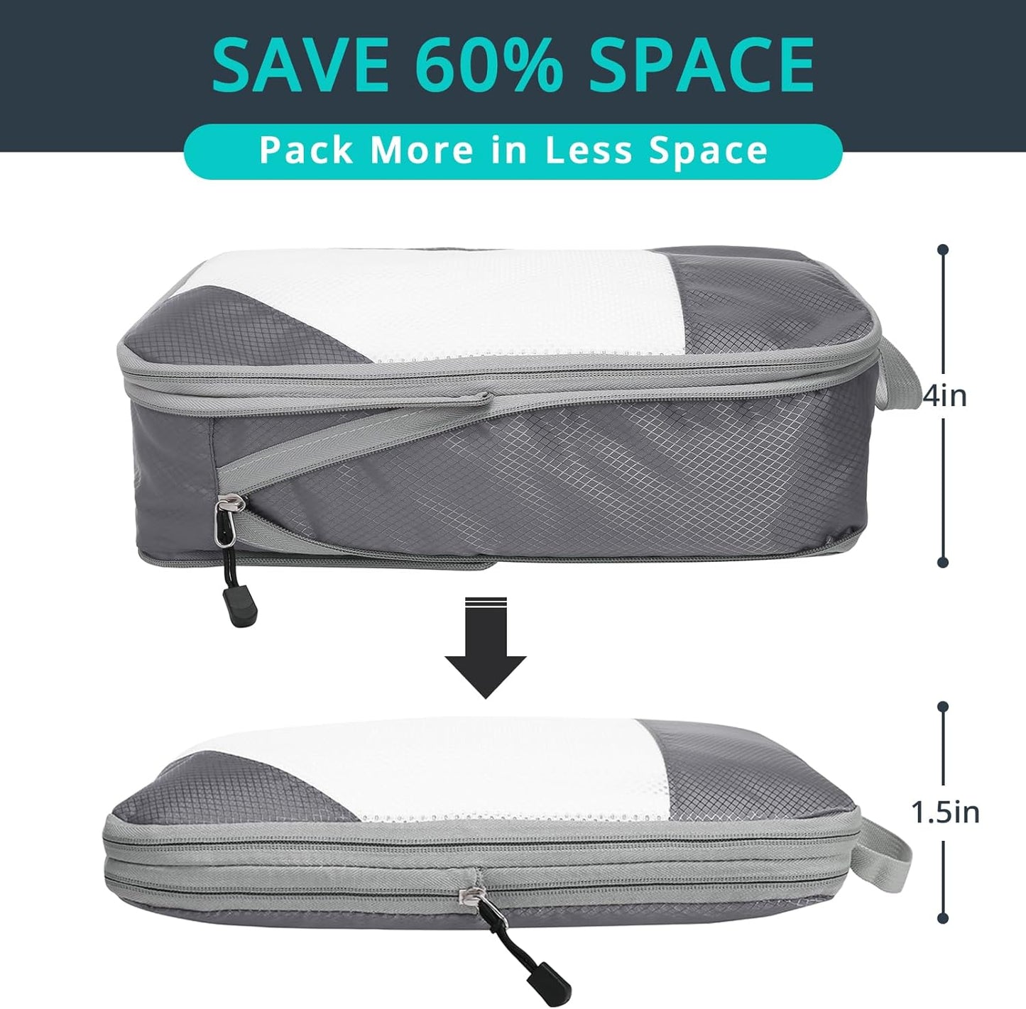 6 Set Compression Packing Cubes for Travel - Compressible, Lightweight, and Space-Saving Packing Cubes, Travel Essentials for Women, Grey