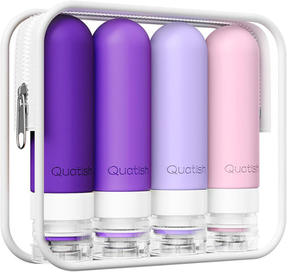 Quatish Travel Bottles for Toiletries, Original Patented Leak Proof Travel Size Toiletries, 3 oz Tsa Approved Silicone Shampoo and Conditioner Bottles, Travel Essentials, 4 Pack, Purple