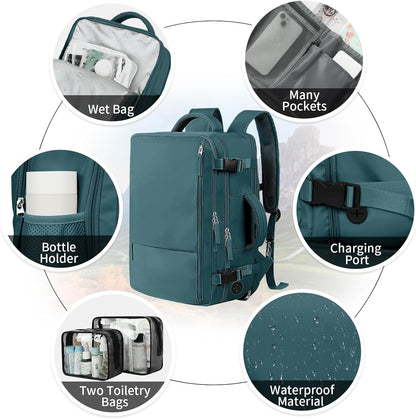 Hanples Large Travel Backpack for Women as Person Item Flight Approved, 40L Carry on Backpack, 17 Inch Laptop Backpack, Waterproof Backpack,Casual Bag with 2 Toiletry Bags (Peacock Blue)