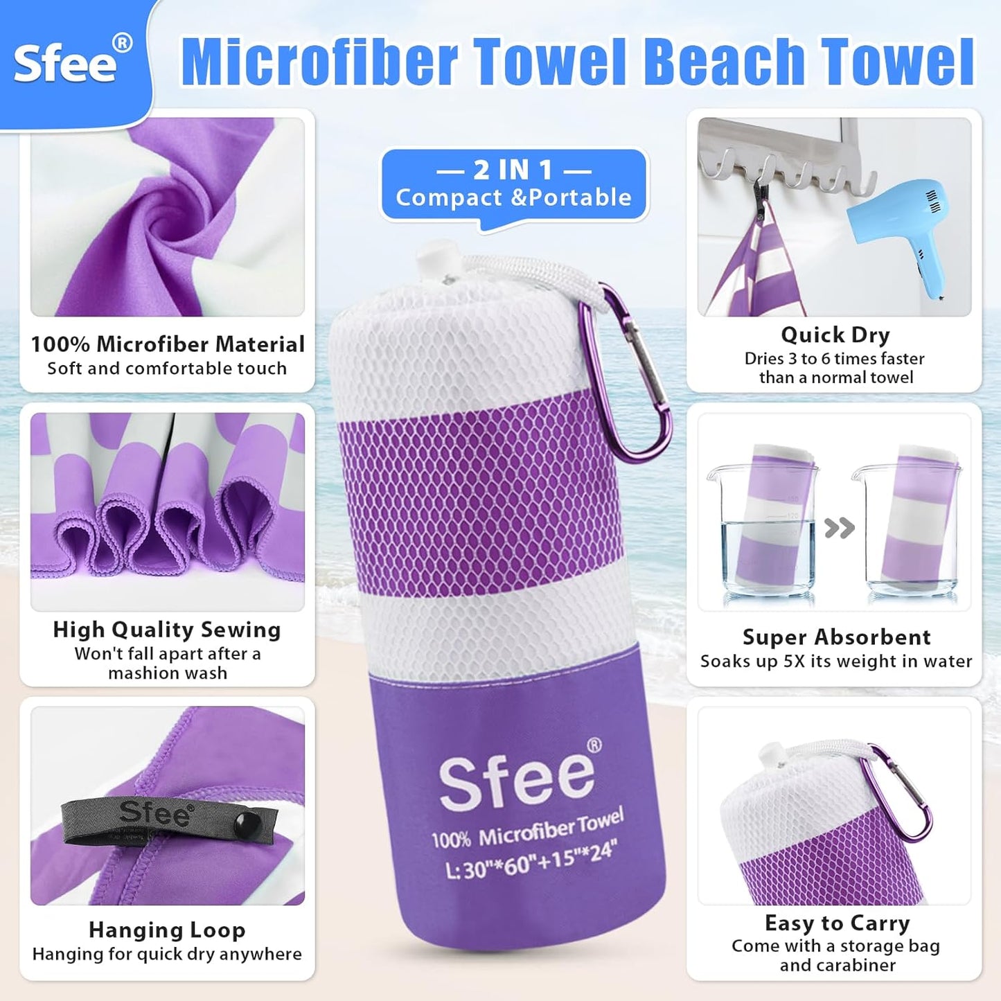 Sfee 2 in 1 Microfiber Oversized Beach Towel, Quick Dry Travel Towel Camping Towel Super Absorbent Compact Lightweight Sports Gym Towel for Beach,Gym, Hiking, Pool, Backpacking, Bath, Yoga