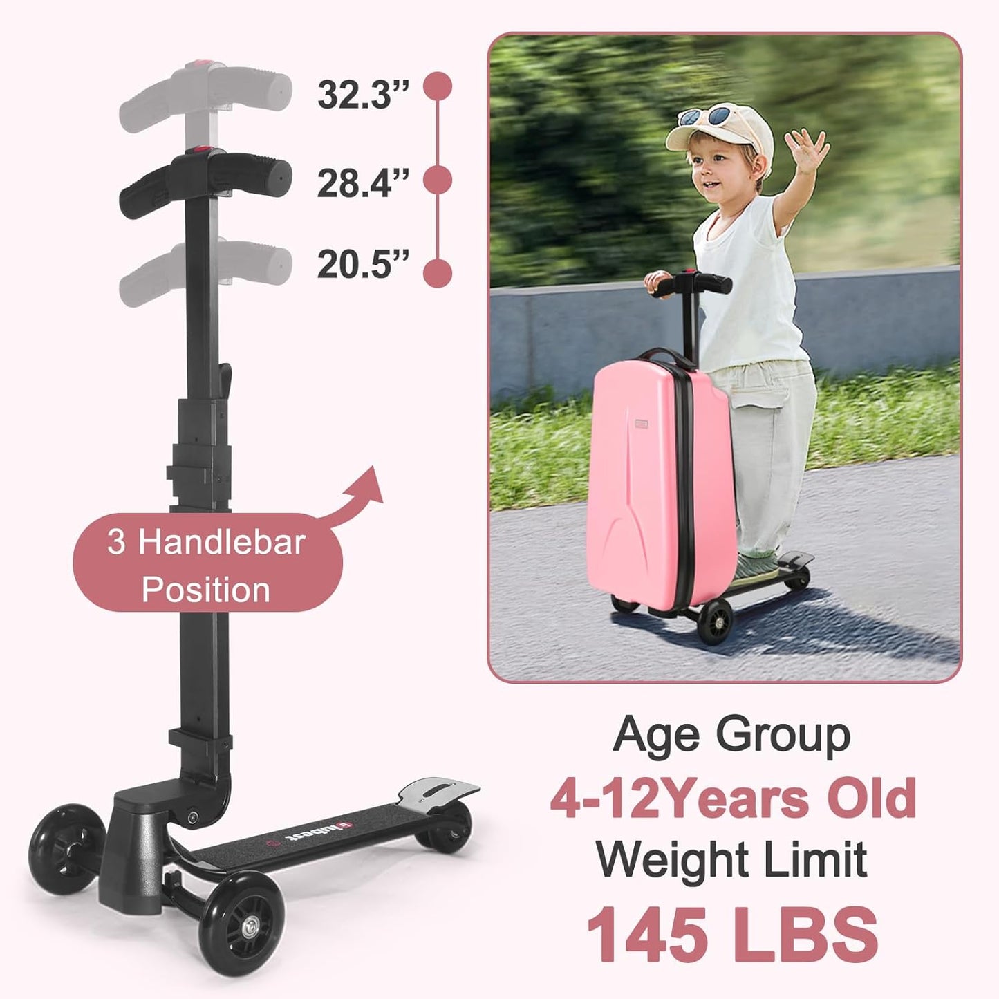 iubest Luggage Carry On Scooter Suitcase for Kids Age 4-15, Detachable & Foldable 4 in 1 Suitcase, Multifunctional Ride On Travel Trolley Scooter Combo-Pink