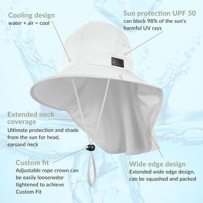 Sukeen Cooling Sun Hat for Men Women UPF50+ Wide Brim Fishing Hat with Neck Flap Adjustable Foldable Bucket Hat for Hiking