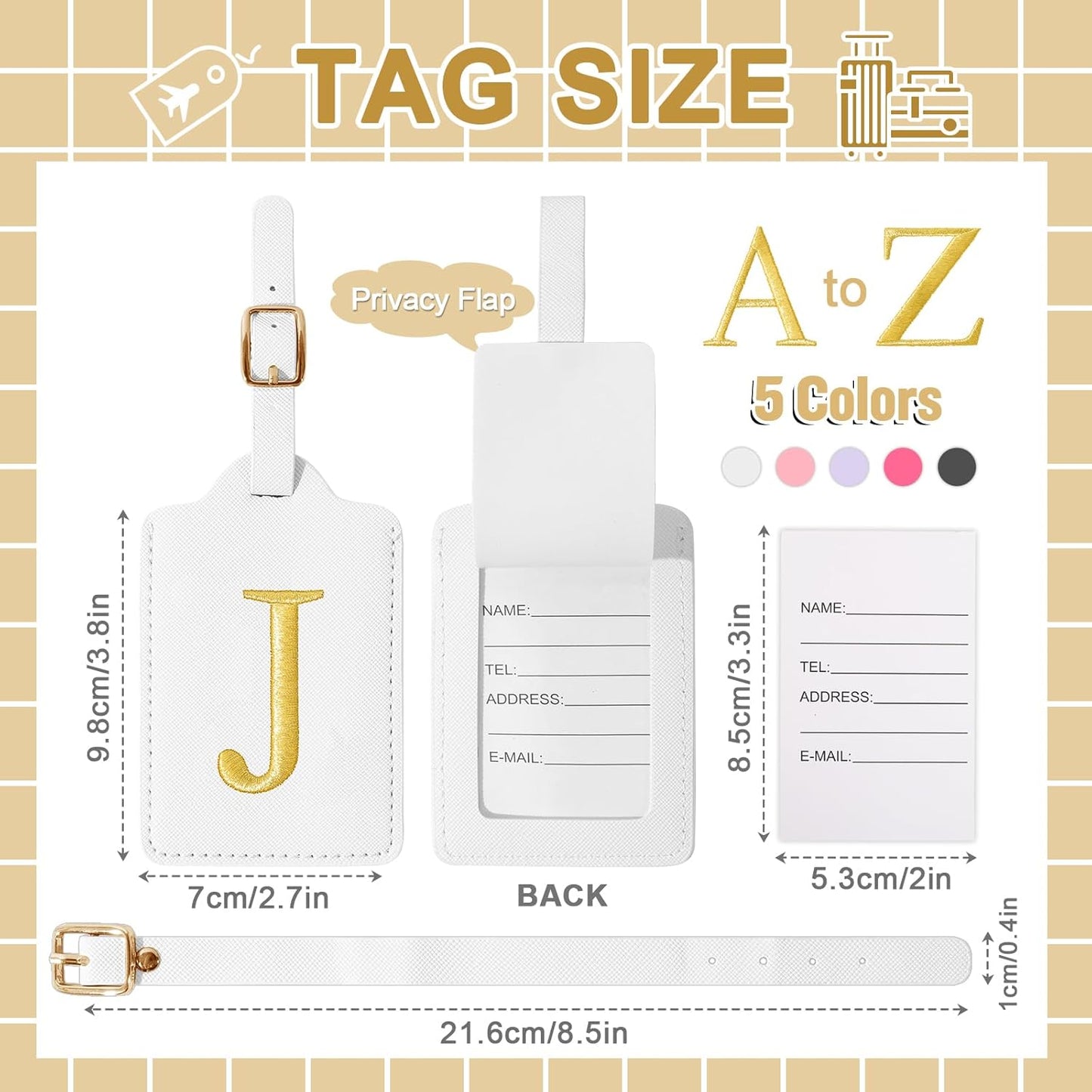 Personalized Initial Luggage Tags for Suitcase TSA Approved, White Leather Cute Luggage Tag with Privacy Cover Name Card, Embroidered Custom Luggage Tags Travel Baggage Tags Gifts for Women Kids(J)