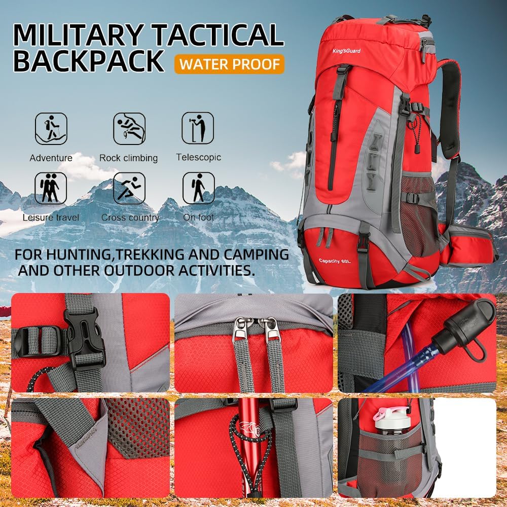 King'sGuard 60L Hiking Backpack Lightweight Camping Backpack with Rain Cover Large Waterproof Packable Outdoor Trekking Travel Backpack for Men Women (Red)