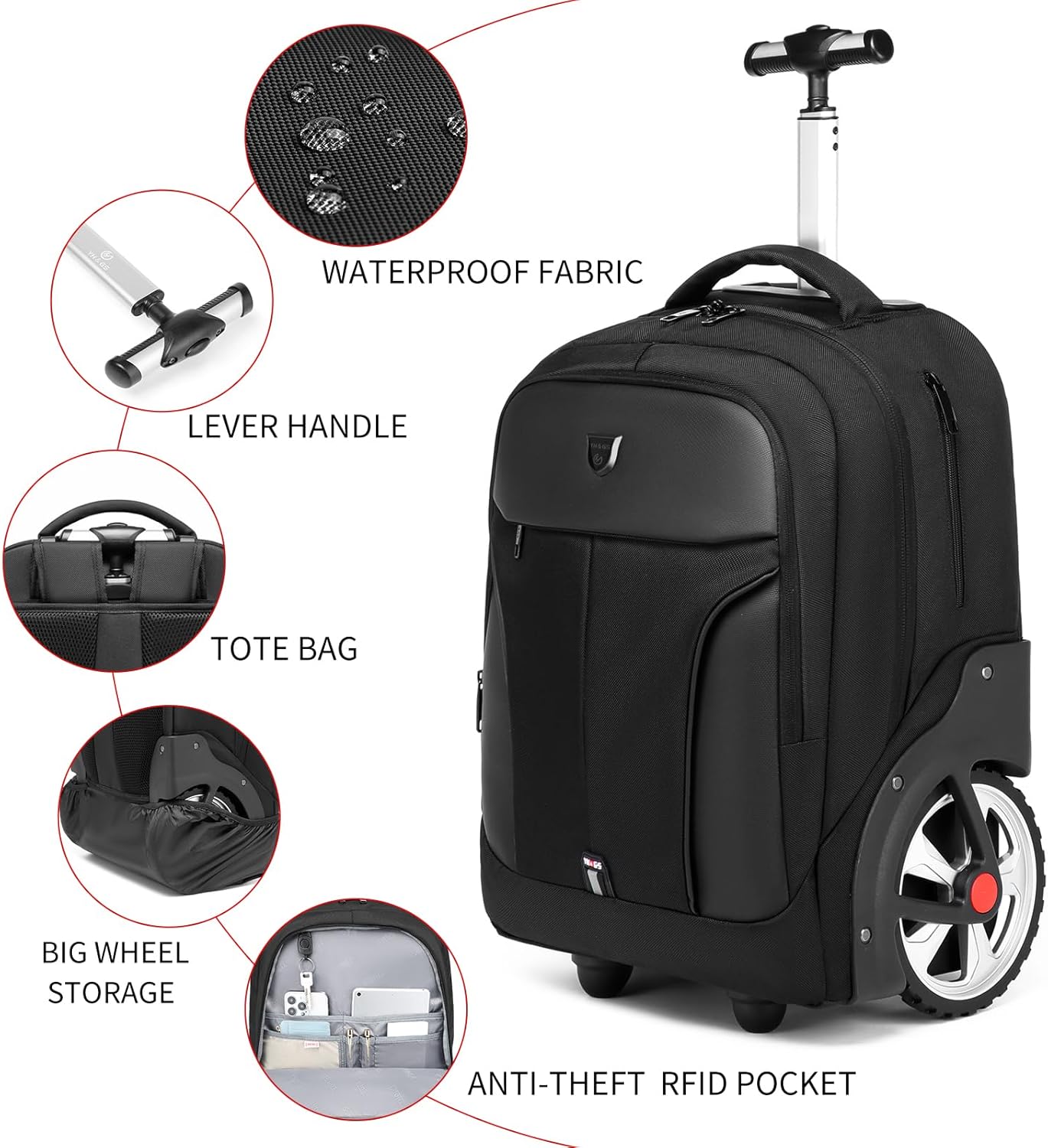 Rolling Backpack,Waterproof Backpack with Wheels for Business and Travel Commuter, Carry on Backpack with Laptop Compartment, Fit 15.6 Inch Laptop, Wheeled Backpack for Adults, 18Inch