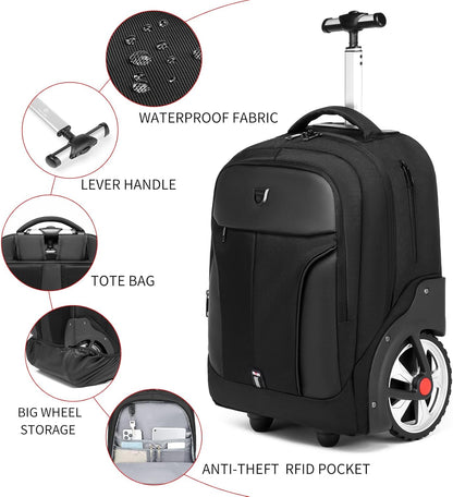Rolling Backpack,Waterproof Backpack with Wheels for Business and Travel Commuter, Carry on Backpack with Laptop Compartment, Fit 15.6 Inch Laptop, Wheeled Backpack for Adults, 18Inch