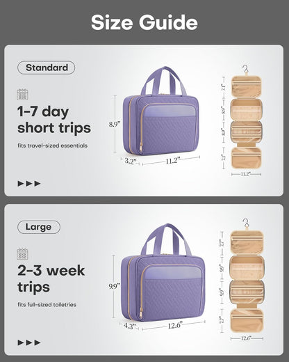 HOTOR Travel Toiletry Bag for Women & Men, Waterproof Makeup Bag with Hanging Hook and Multiple Pockets, Cosmetic Bags for Women, Travel Essentials, 11.2'' x 3.2'' x 8.9'', Light Purple