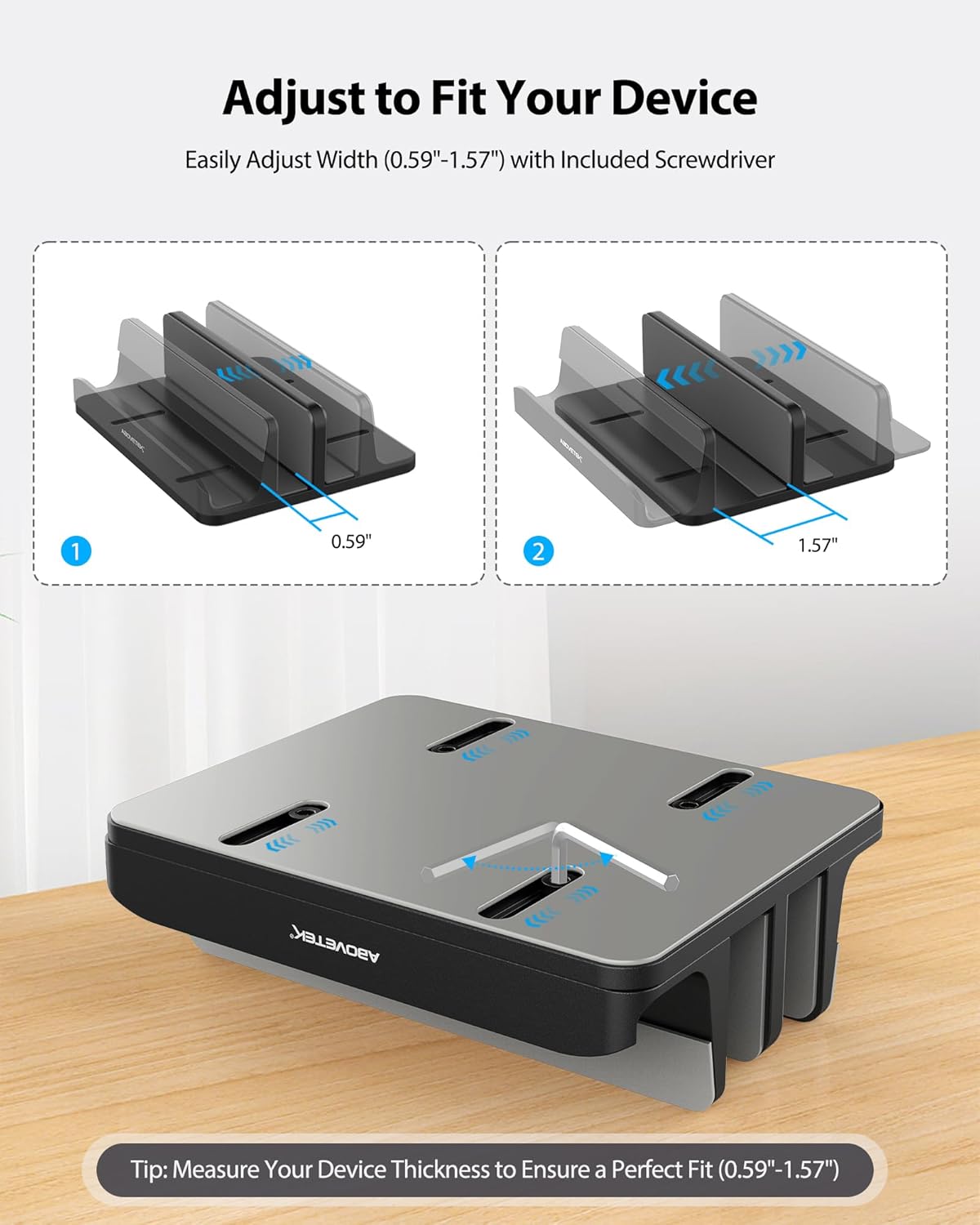 AboveTEK Vertical Laptop Stand Holder, 3 Slots Aluminum Desk Stand with Adjustable Dock Size for Tablet, MacBook, Phone - Universal Fit (up to 17.3") - Heavy Duty Polished, Anti Slide - Black